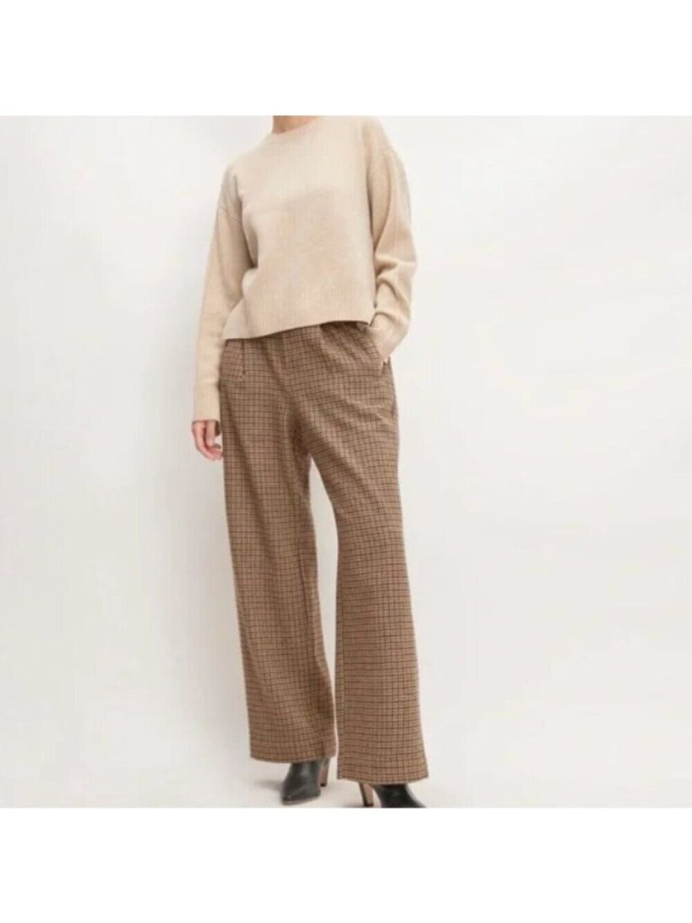 Everlane ReWool Way High-Waisted Drape Houndstooth Wide-Leg Pants Camel Sze 00